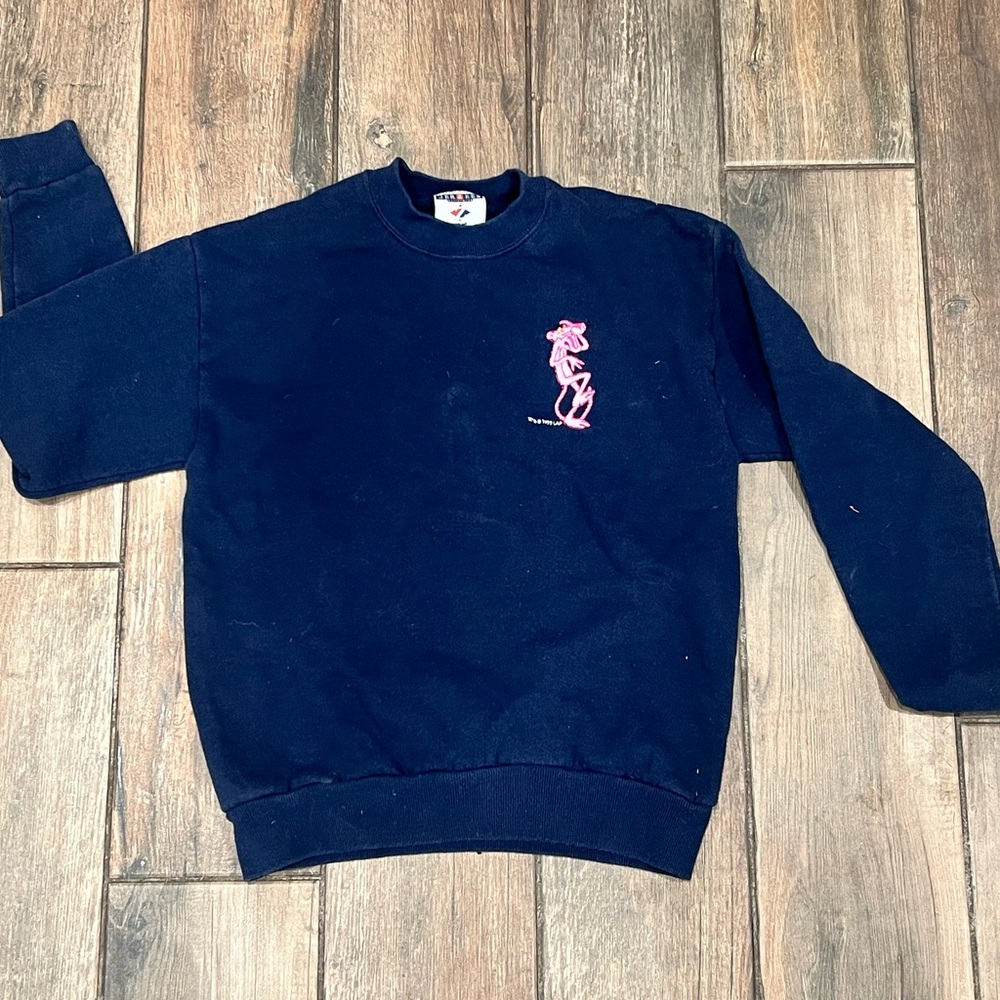 Vintage Pink Panther Embroidery Blue Jerzees Sweatshirt Youth Large 12-14